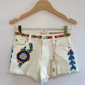 Alice + Olivia Embroidered White Denim Shorts
